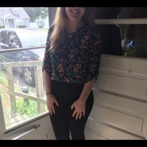 Cute Floral Lace-Up Blouse